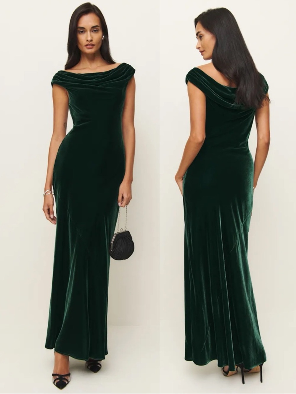 Reformation Elvie Velvet Off the Shoulder Dress Forest Green NEW with tags